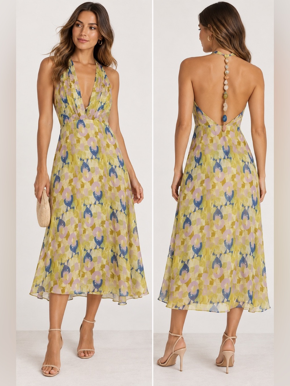ZARA Halter Midi Dress in Yellow Green Floral
